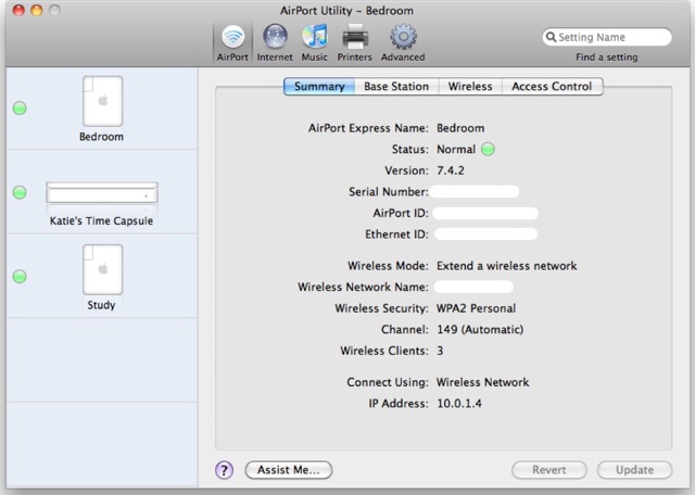 Screenshot of Airport Utility showing the setup of Katie's network