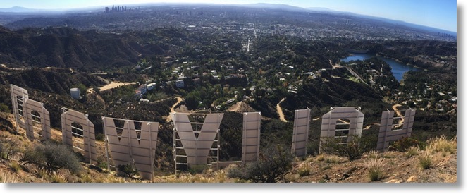 Hollywood sign from the back looking over the LA basin from signal hill to Palos Verdes to Santa Barbara Island