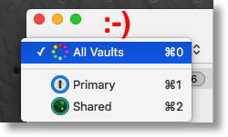 1P new interface showing All Vaults option command-0