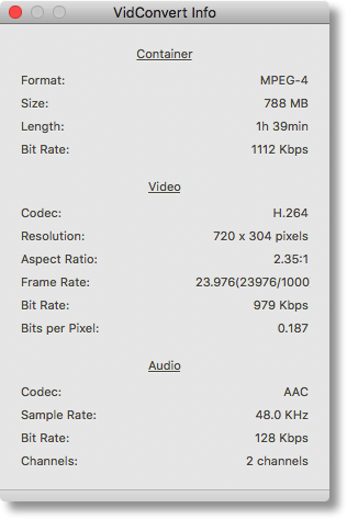 Vidconvert info window showing codec info