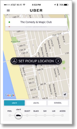 Uber app showing pickup location and time
