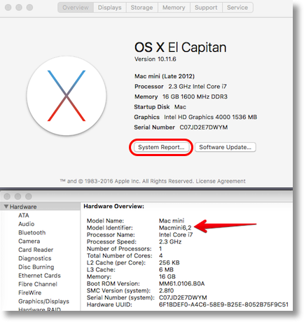 Finding model identifier in About this Mac, System Report, Hardware