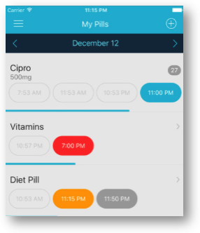 Easy Pill screenshot showing meds, days and times due to take