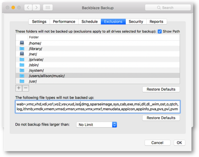 Backblaze exclusions