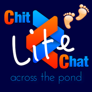 Chit Chat Across the Pond Lite logo Two interlocking ribbons, one red, one blue. The word Lite is across the logo in a playful font. The podfeet (two little bare feet) are in the upper right. The background is dark blue with Chat and Chat in the upper left and lower right corners with "across the pond" in thin letter across the bottom. Sounds more confusing than it is!