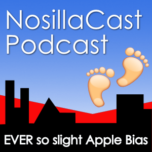 NosillaCast Logo - text says NosillaCast Podcast and EVER so slight Apple Bias. Main background is a gradient medium blue to lighter blue with a skyline of black silhouette buildings below. Behind the building are some geometric red shapes. And of course the prominent podfeet (two bare feet) are in the middle