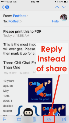 no share button in mail, hit reply instead