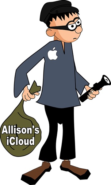 thief with apple logo on his shirt holding a bag that says Allison's iCloud on it