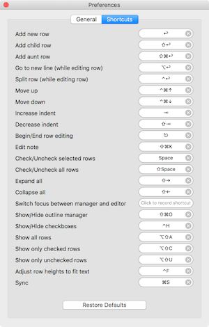 Cloud outliner keyboard shortcuts