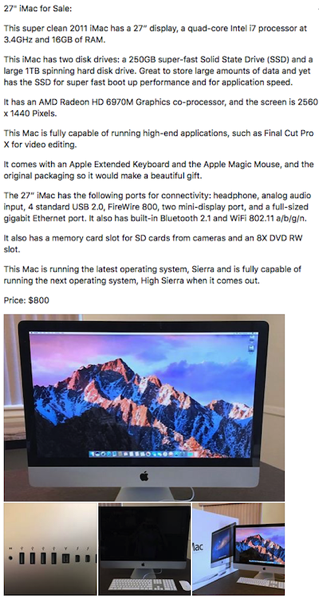 Facebook iMac listing