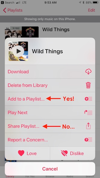 Music shared playlist hidden menu