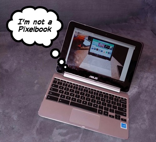 Asus Flip with thought bubble saying I am not a Pixelbook