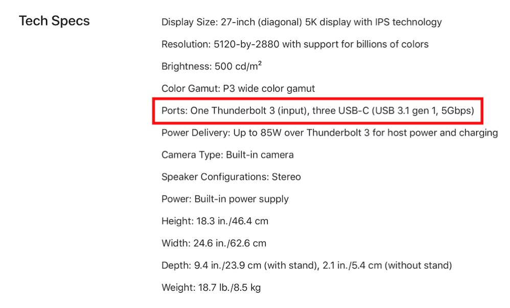 LG 5K display specs showing inputs