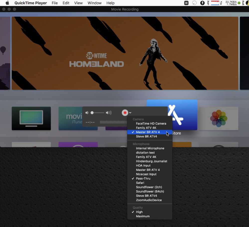 Apple TV selected as camera input to QuickTime