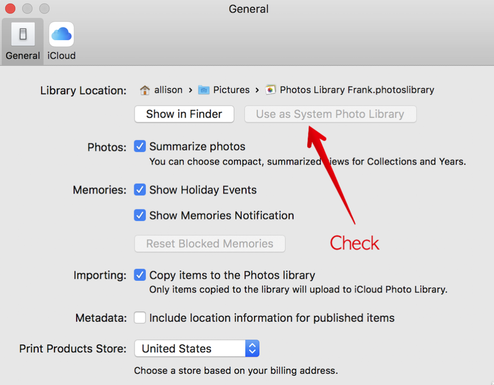 Choose Use as System Photo Library in Photos Preferences