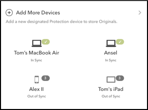 Mylio close up of devices and status screen