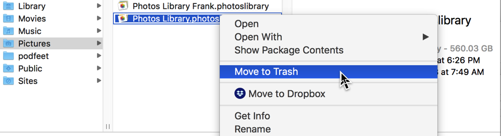 Photos move library to trash