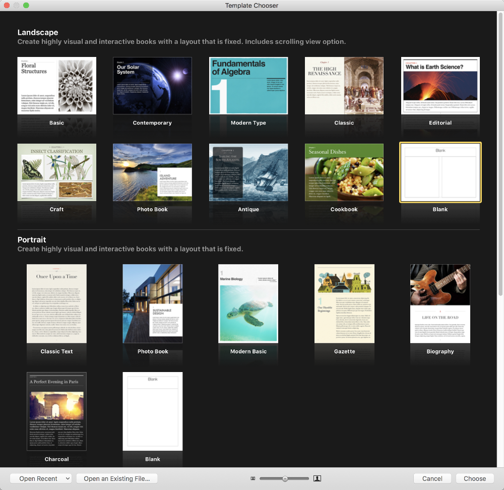 iBooks Author templates from which to choose