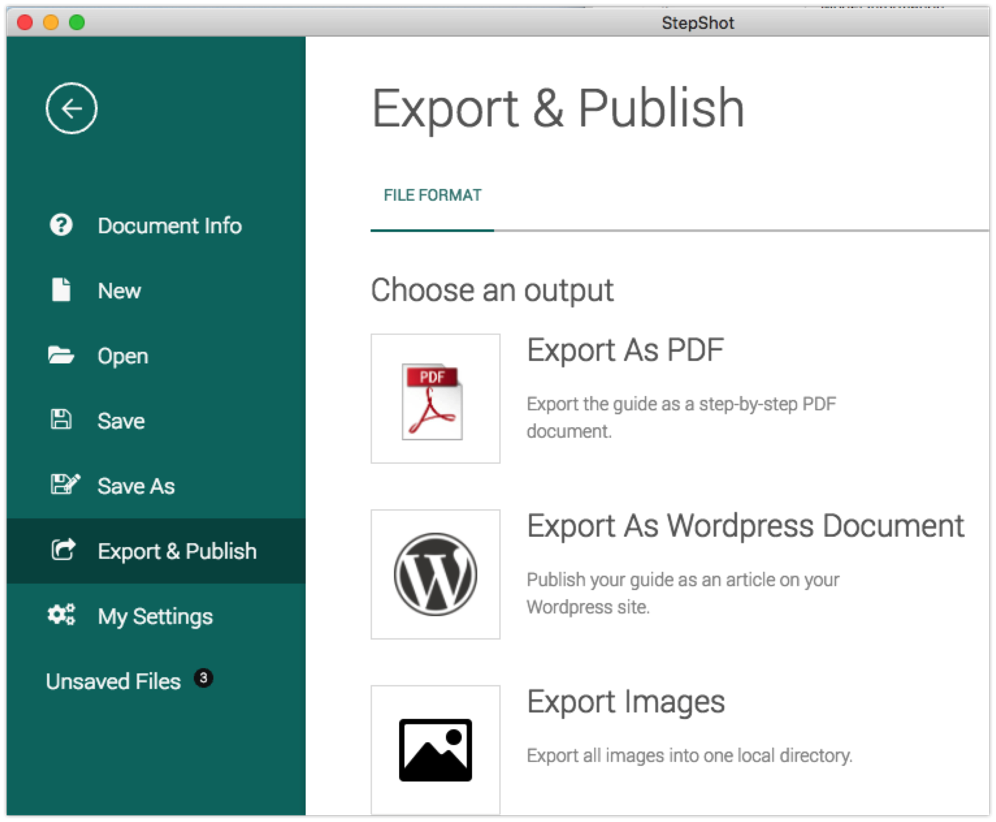 StepShot Guides Export and Publish Options