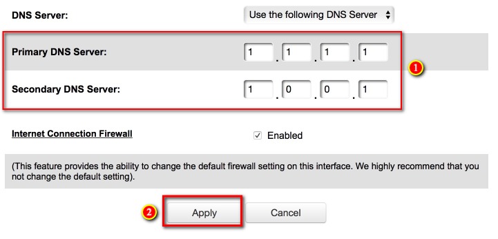 Scroll Down to DNS;Near the bottom you'll see the options to add your own Primarey and Secondary DNS resolvers. I've entered those for Cloudflare.

Be sure to select Apply at the end.