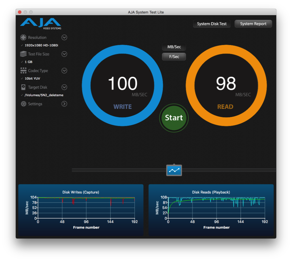 AJA System Test shoiwng 100MB s write