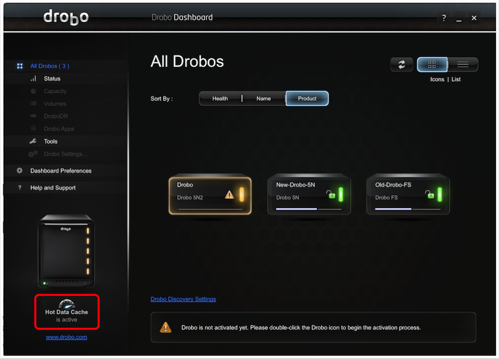 Drobo dashboard showing 3 drobos