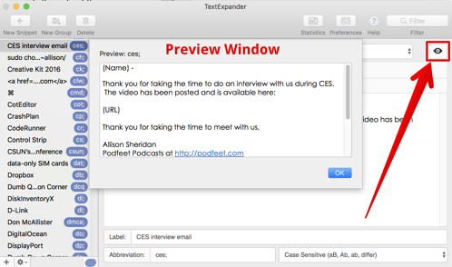 TextExpander Preview button