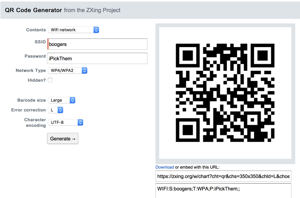 Zxing qr code generator showing boogers SSID