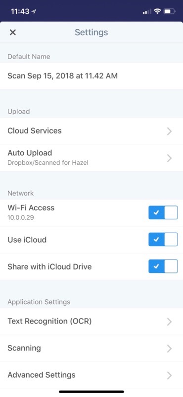 Scanner Pro iCloud Settings