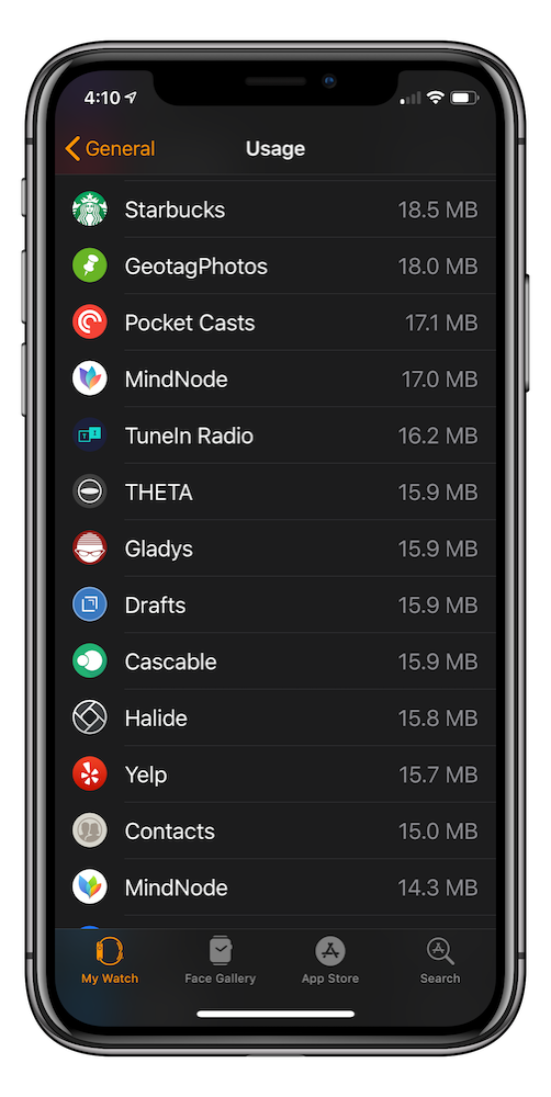 Watch app showing storage used