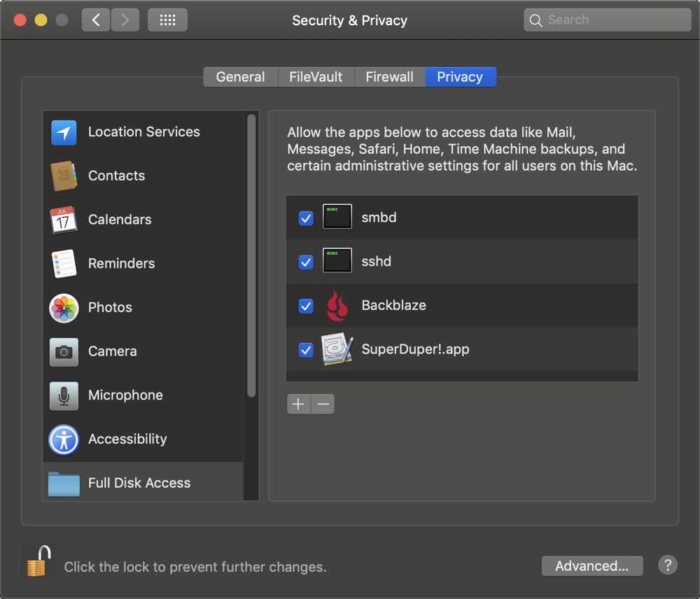 Security and Privacy Full Disk Access