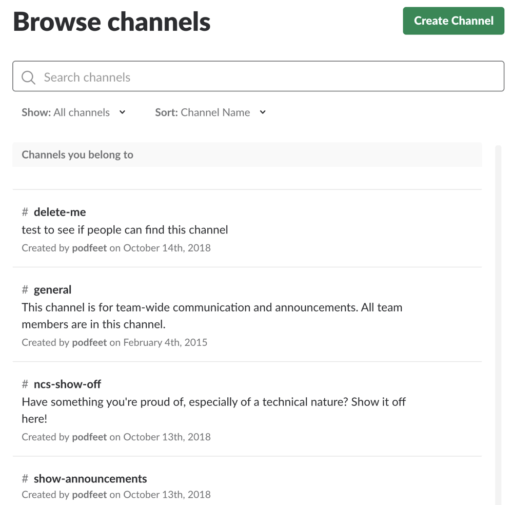 Slack browse channels