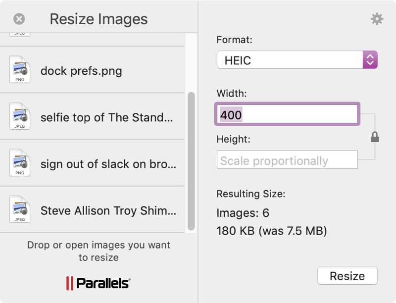 Parallels Toolbox Resize Images