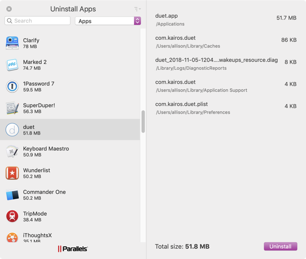 Parallels Toolbox Uninstall Apps