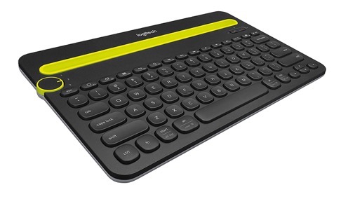 Logitech K480 keyboard with rounded keys and a green slot for your device