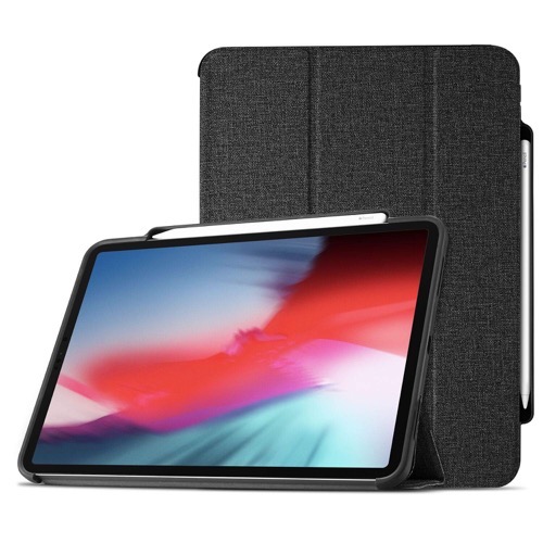 ProCase wit heather grey textured fabric and apple Pencil slot holding pencil and folds to a stand