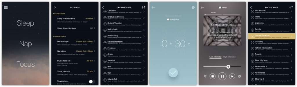 Pzizz app selected screens