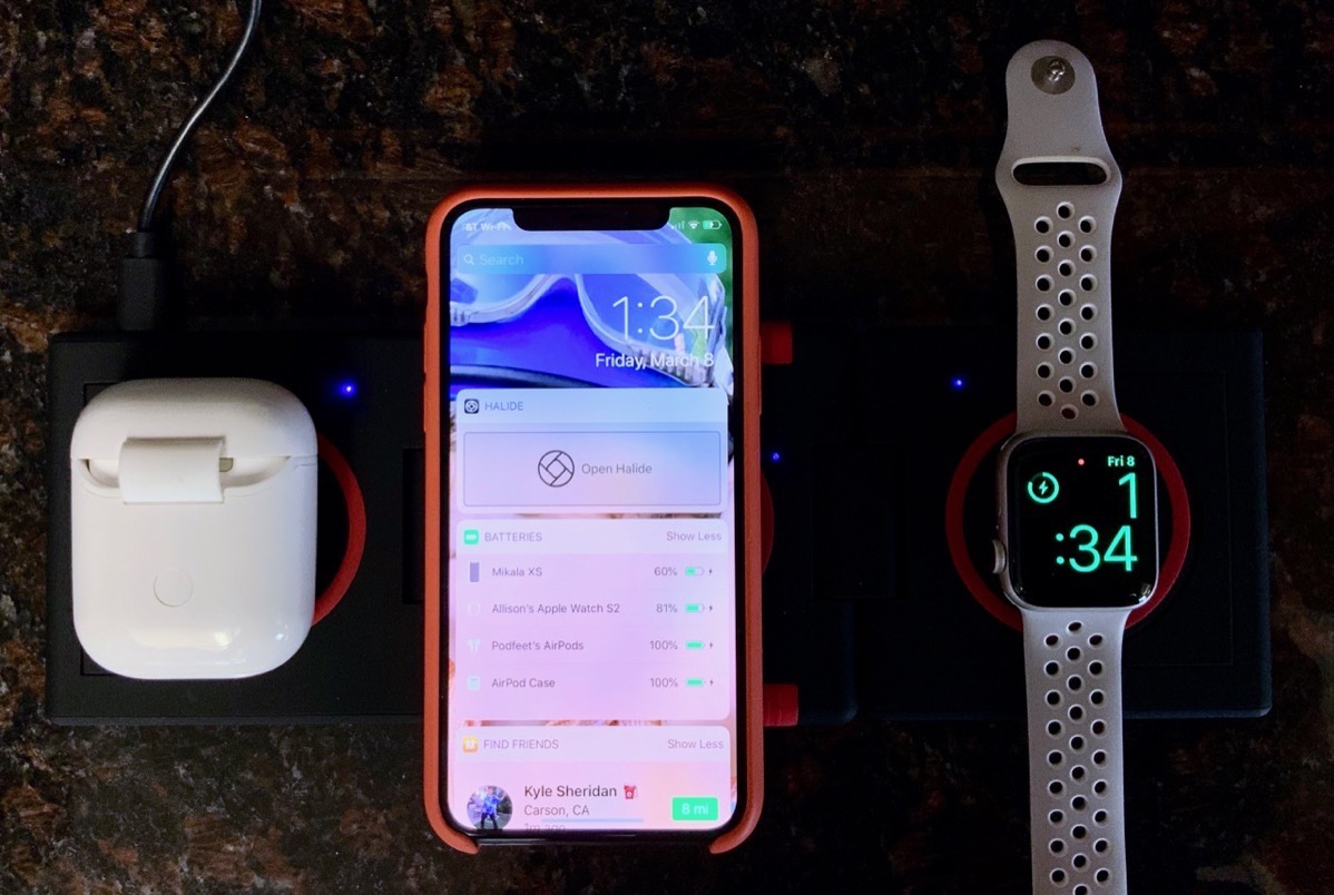 Pods iPhone and Apple Watch all charging on Unravel