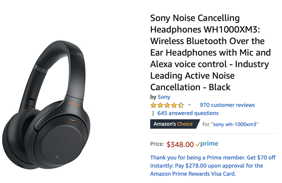 Sony WH1000XM3 headphones on Amazon