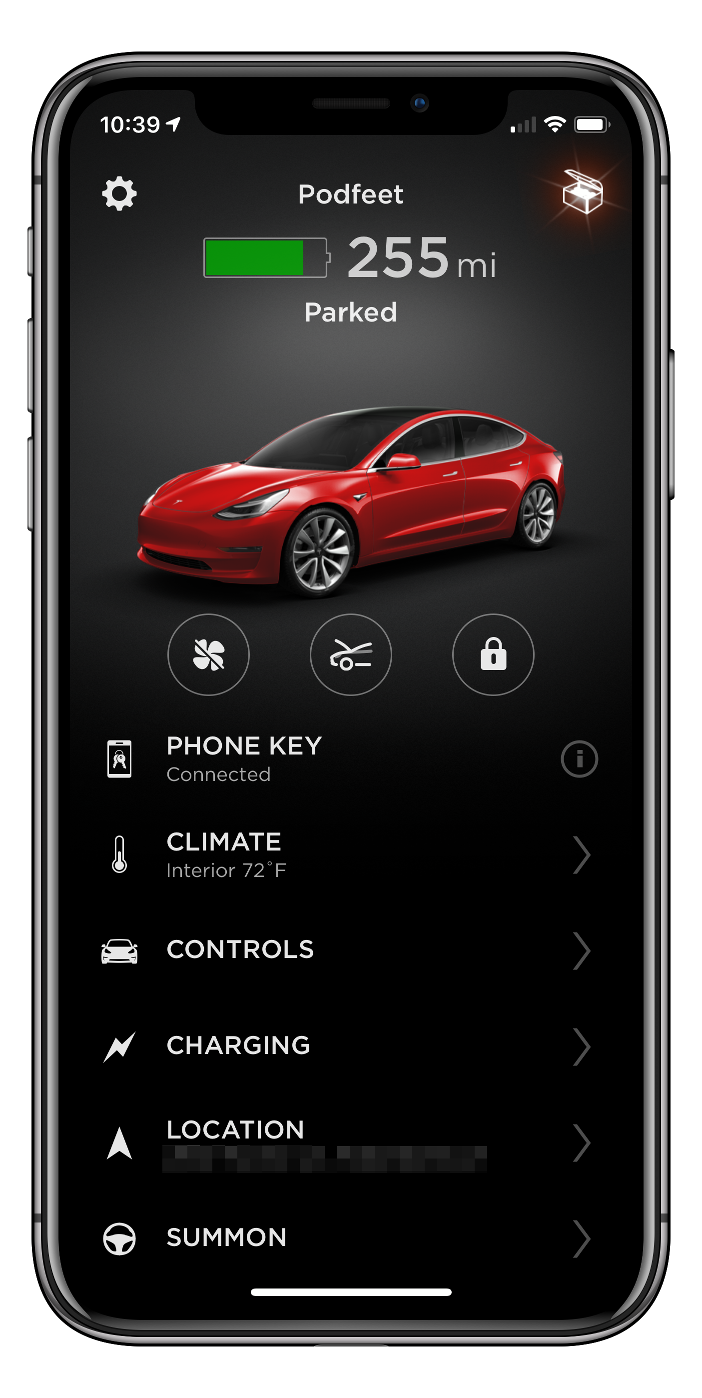 Tesla App home screen