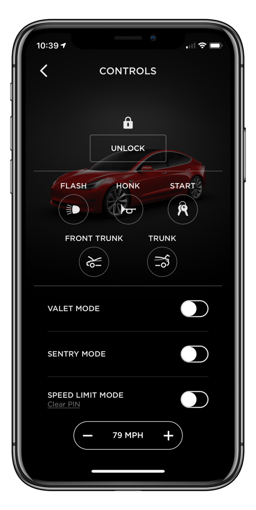 Tesla app controls screen