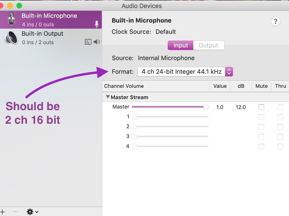 Audio midi setup sandy internal mic