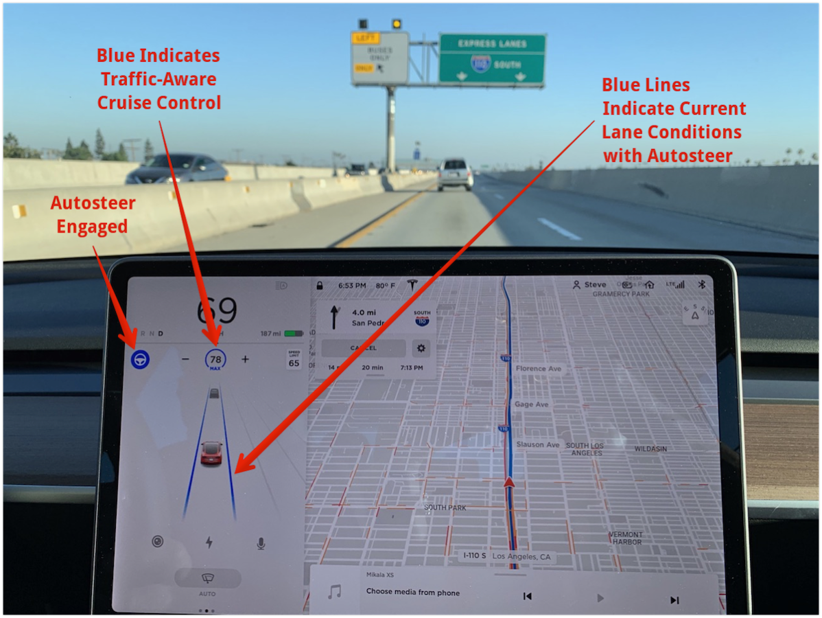 Model 3 Screen Indicating Autosteer and Traffic Aware Cruise Control