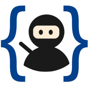 PBS logo: a tiny ninja with a pale face surrounded on either side by two squiggly brackets denoting programming. Get it? Ninja is stealthy!