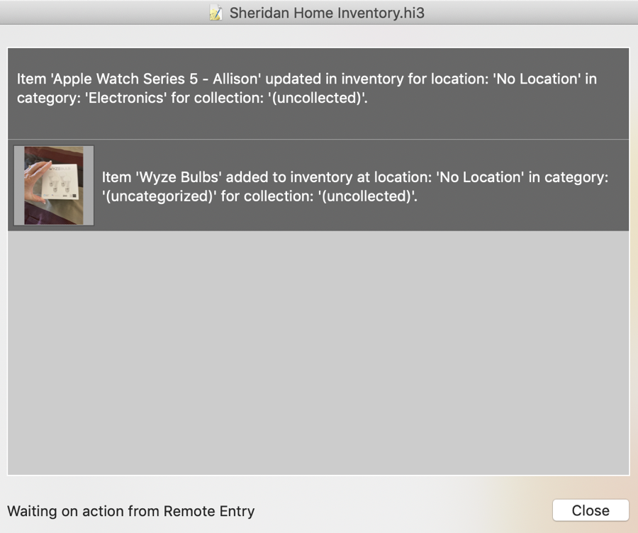 Home Inventory showing remote entry