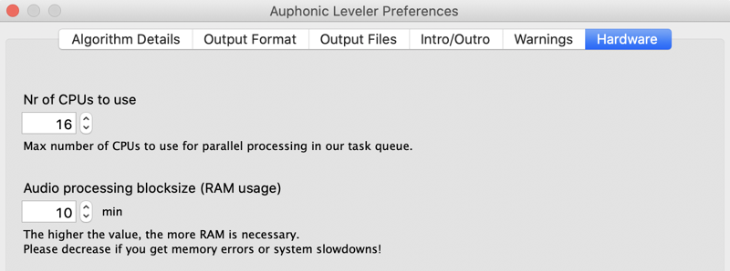 #title# Auphonic Hardware settings for CPU and RAM