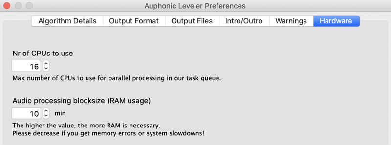 Auphonic Hardware settings for CPU and RAM