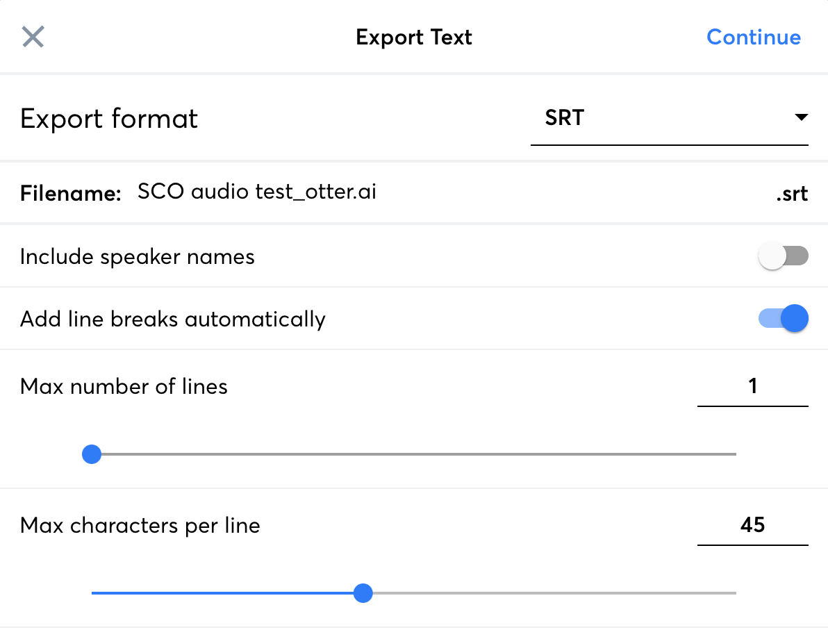 Otter export srt options