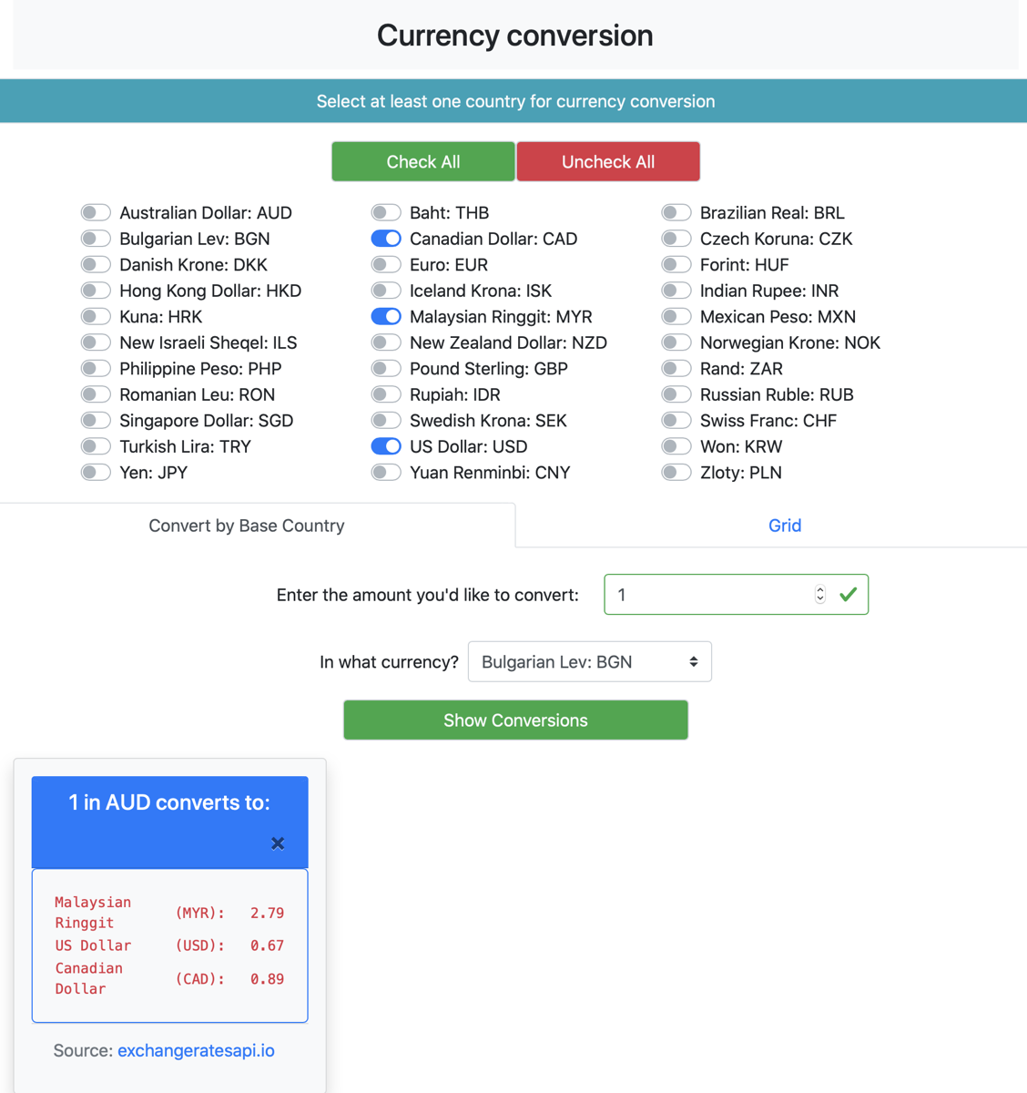 Currency conversion web app