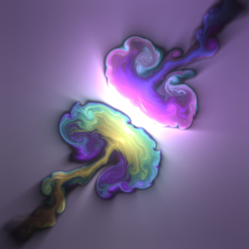 light purple background with two mushroom clouds hitting each other at a diagonal